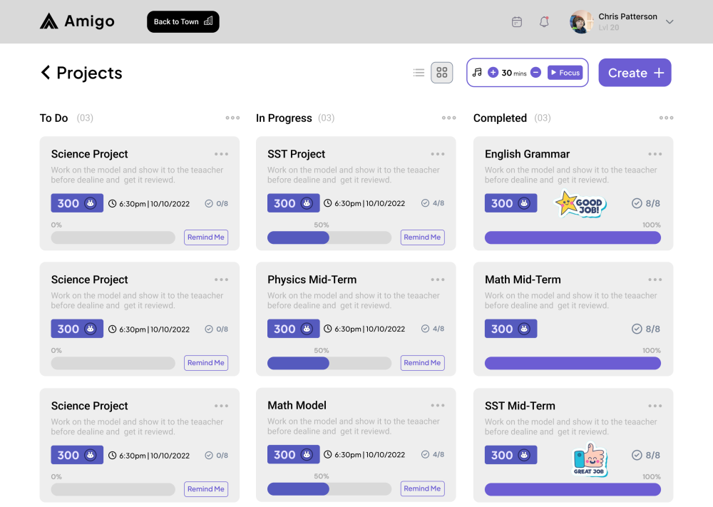 Amigo mid-fidelity — projects list