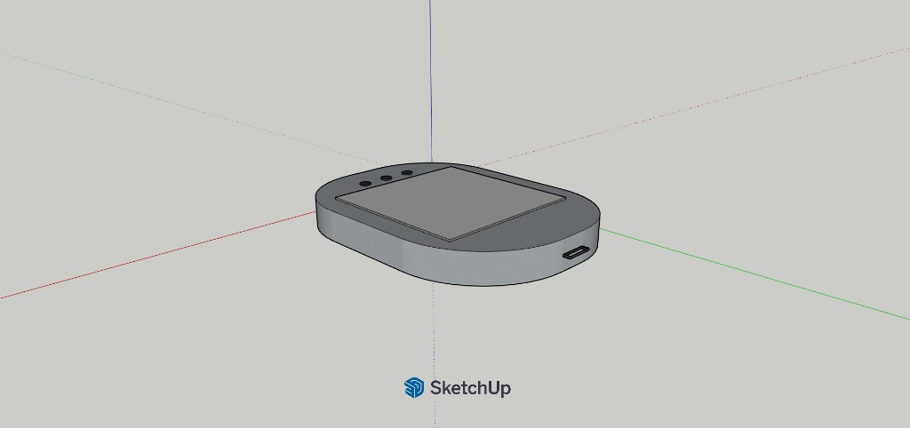 SketchUp 3D model of Calma showing the screen recess, three buttons, and side port