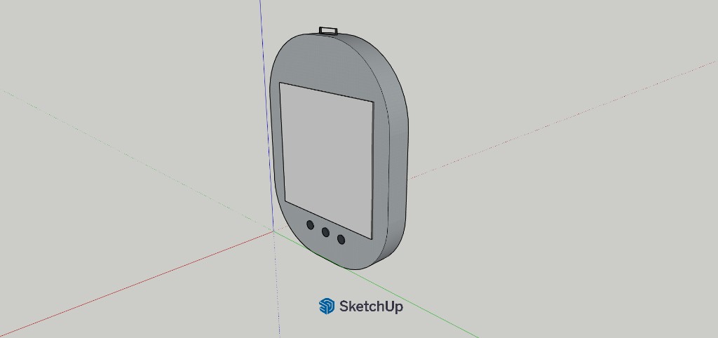 SketchUp 3D model of Calma showing the front face, buttons, and strap loop
