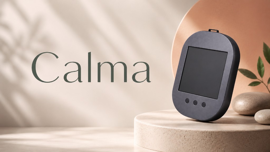 Calma handheld device on a pedestal with soft leaf shadows