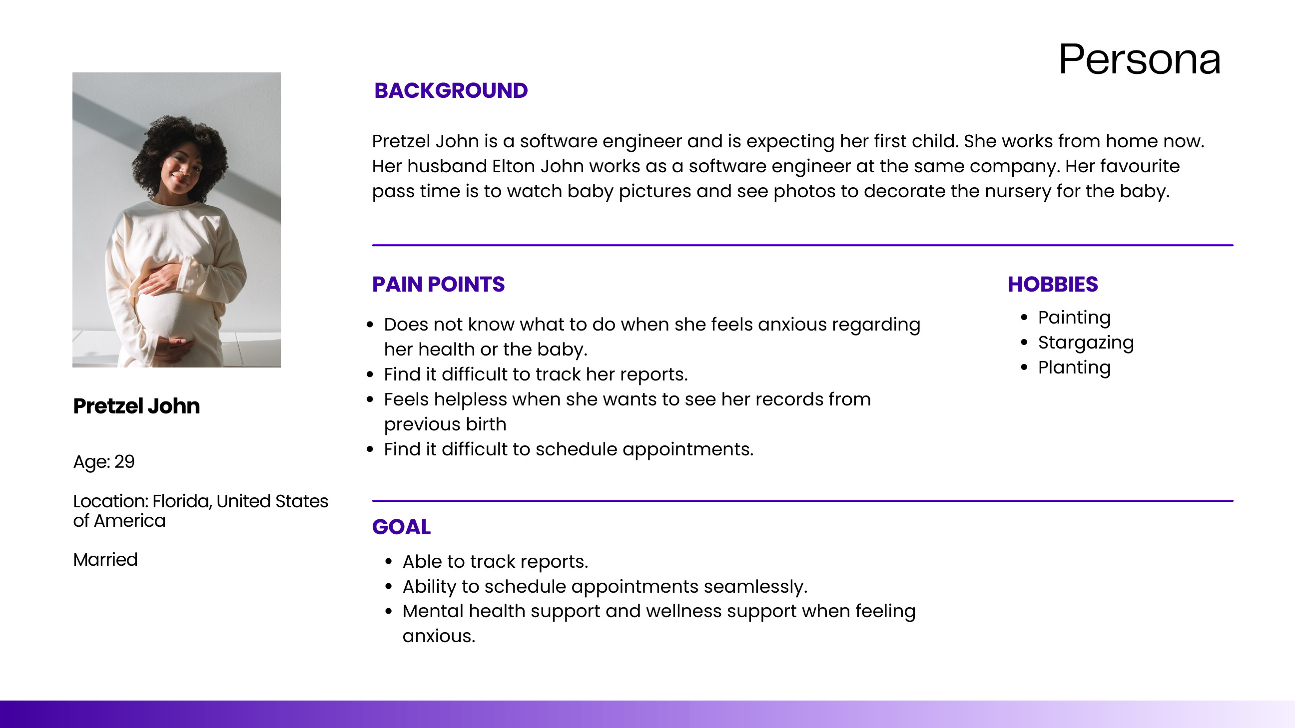 User persona for Pretzel John, an expecting mother and software engineer
